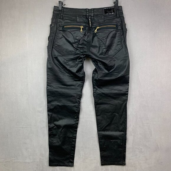 Robins Jean Mens Pants 33x30 Black Zippers Moto Slim Faux Leather L-Flap Biker - Picture 8 of 16